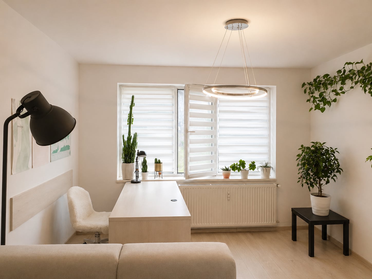 The other end of the same room: a pale desk for two set against the window, plants along the sill, a ring pendant above and the sofa in the foreground.