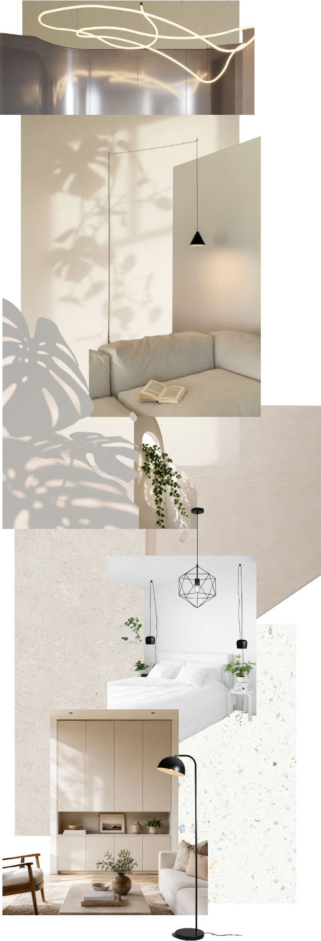 Moodboard: a vertical collage of reference interiors and materials — a looping light fitting, a sunlit wall with monstera shadows, pale oak and terrazzo samples, and a bedroom in white and cream.