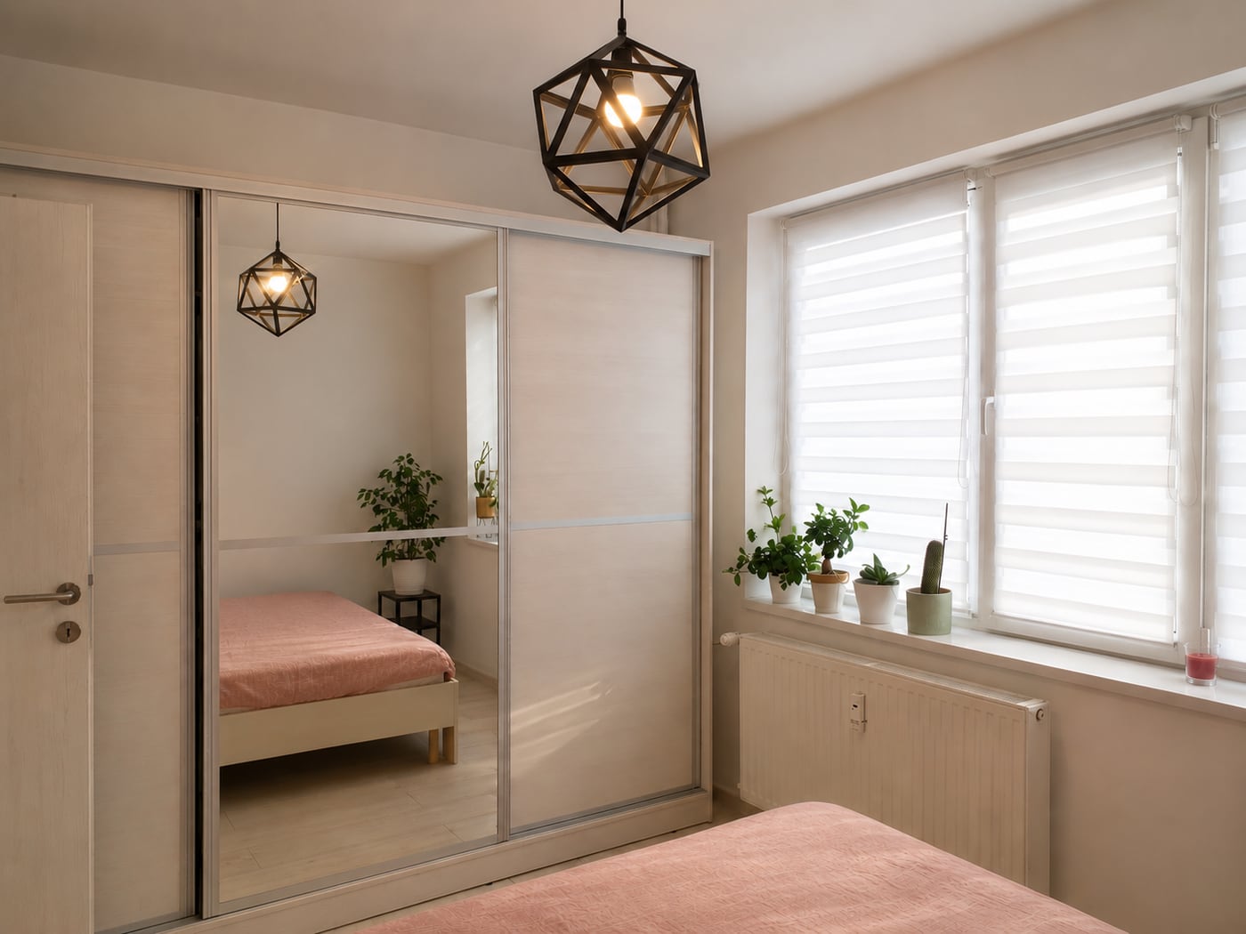 The finished bedroom: the mirrored wardrobe built and reflecting the made bed, plants on the sill and the faceted pendant lit.