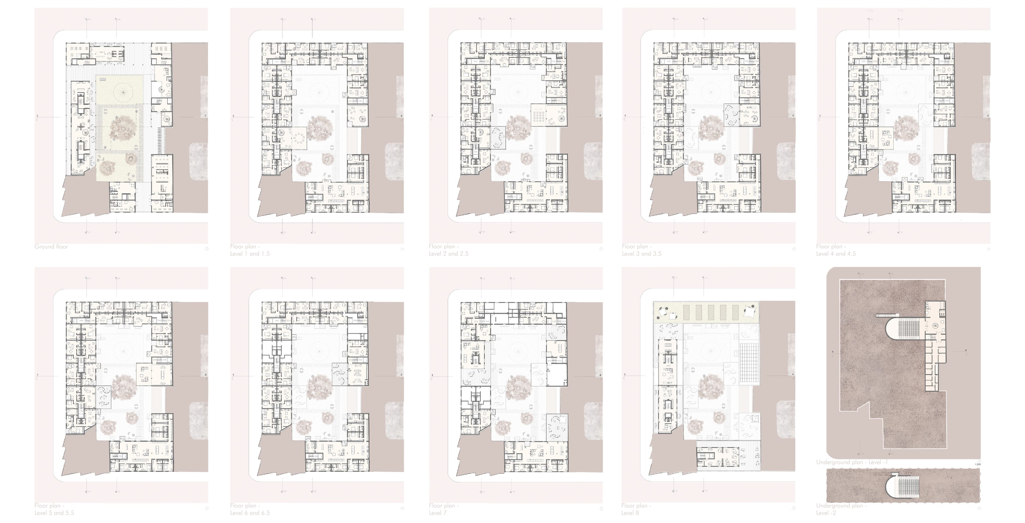 Ten floor plans through the block in two rows, each drawn on a blush ground with the planted courtyard at its centre.