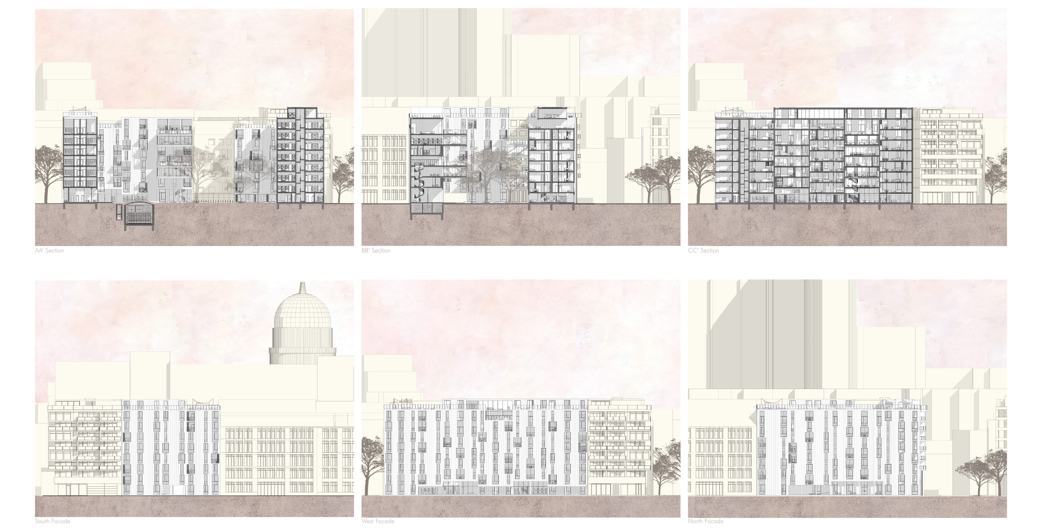 Six drawings: the AA, BB and CC sections across the top and the south, west and north facades below, each against a pale blush sky above a clay ground line.
