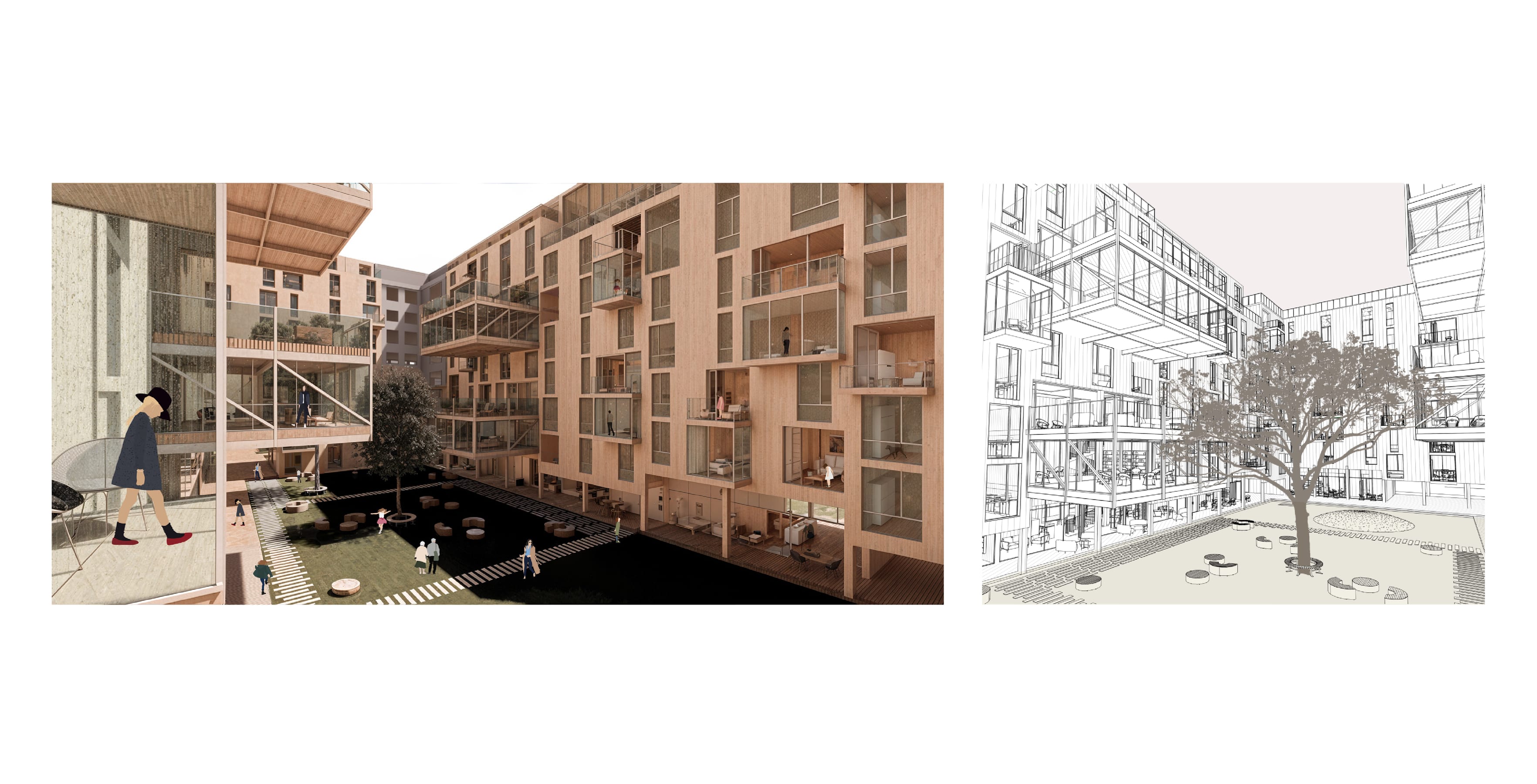Render of the planted courtyard with residents among the timber-toned facades, beside a line drawing of the same view.