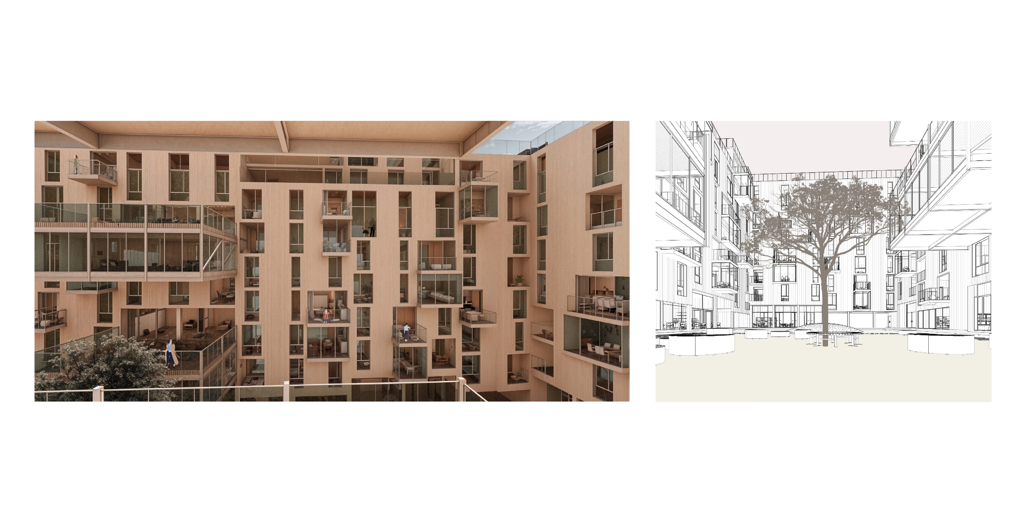 Render of the staggered facade with its balconies and loggias, beside a line drawing of the courtyard.