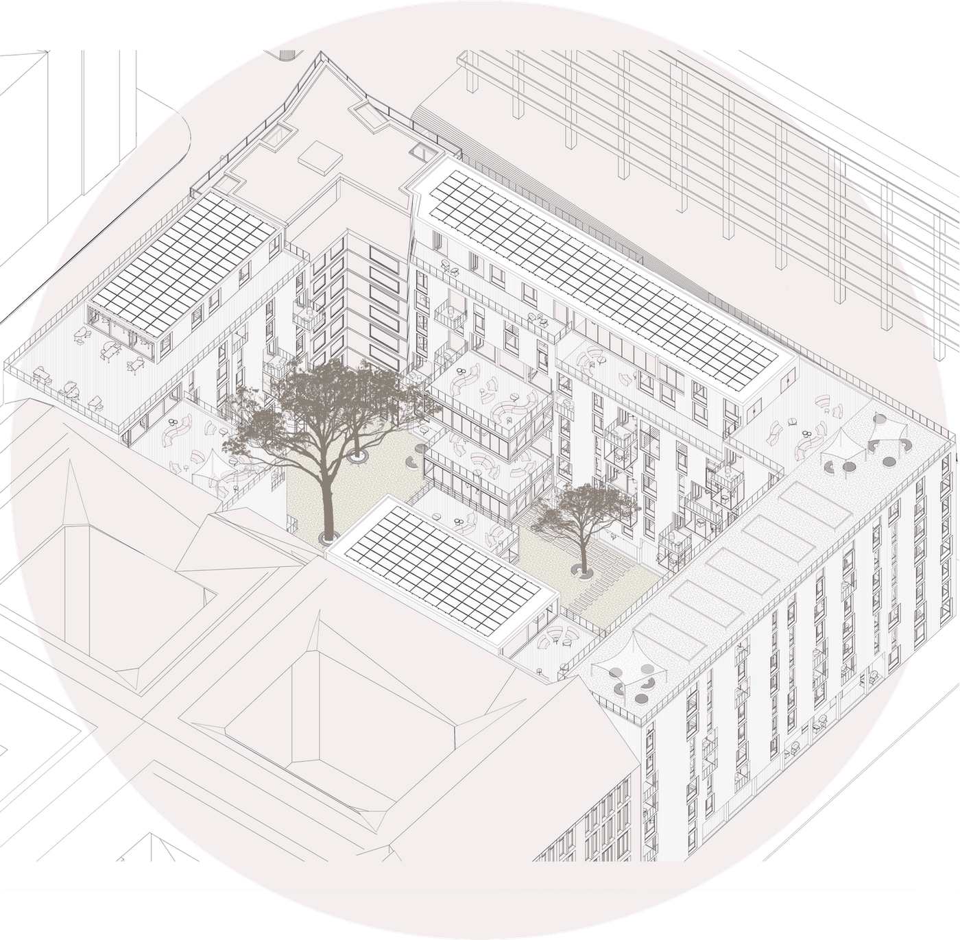 Aufgeschnittene Axonometrie des Wohnblocks auf einem rosé Kreis: der begrünte Hof mit zwei Bäumen, die Dachterrassen und die ringsum angeordneten Wohnungen.
