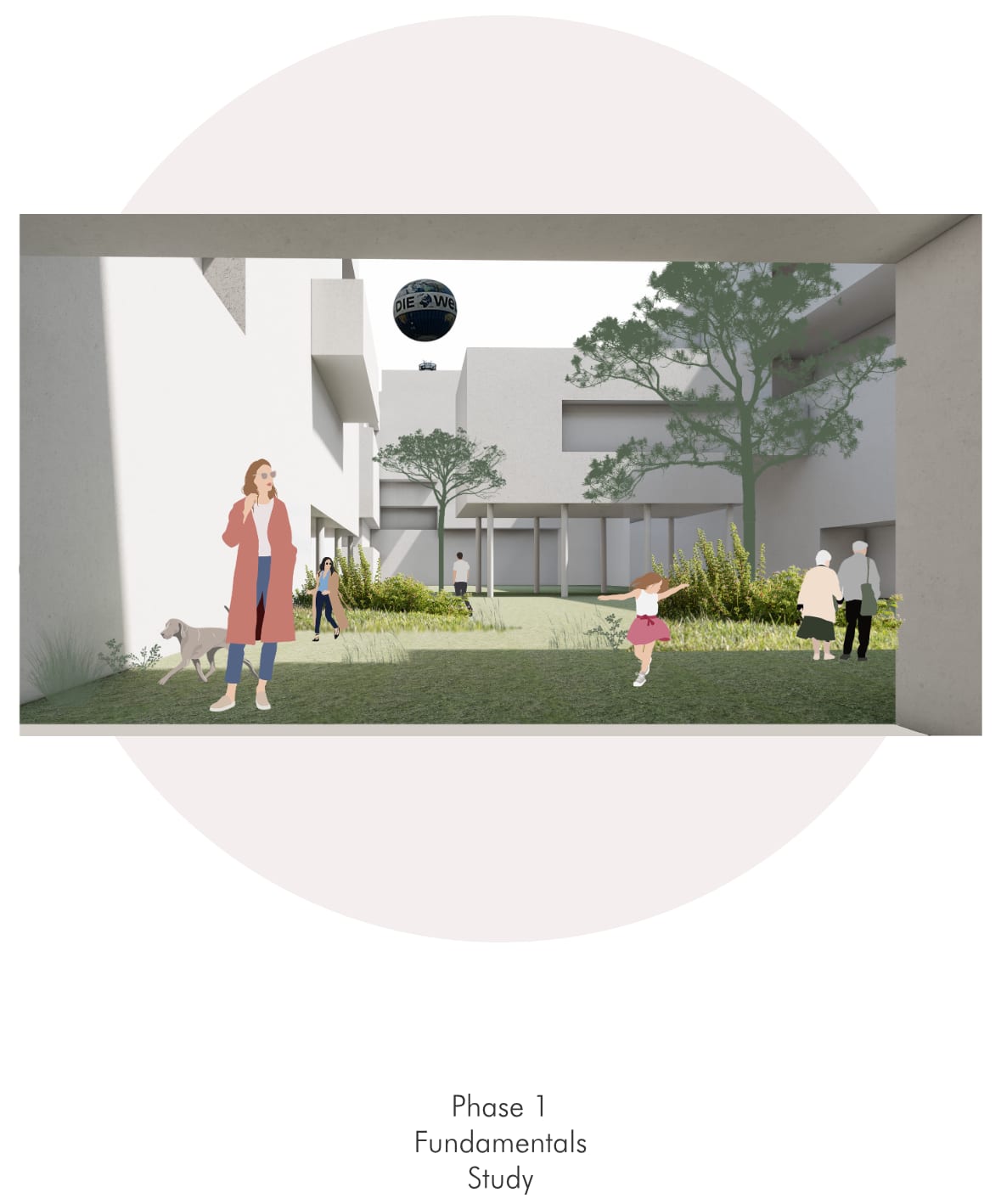Phase 1, Grundlagen: eine Visualisierung durch eine gerahmte Öffnung in den begrünten Hof, mit Bewohnerinnen und Bewohnern und einem Hund.