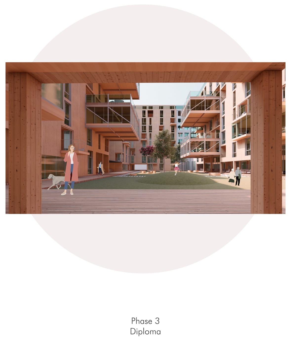 Phase 3, Diplom: eine Visualisierung durch eine holzverkleidete Passage in den Hof.