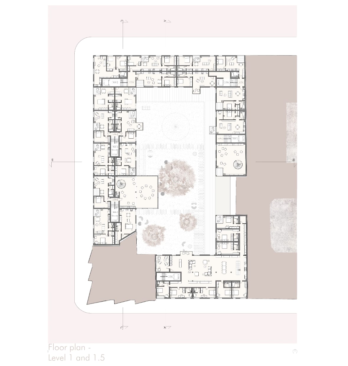 Grundriss, Ebenen 1 und 1,5.