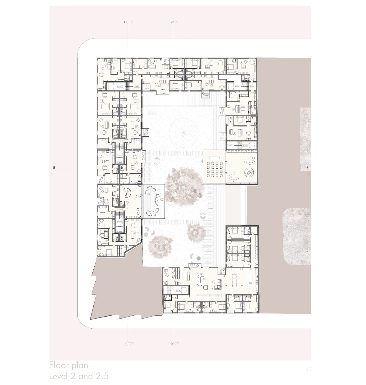 Grundriss, Ebenen 2 und 2,5.