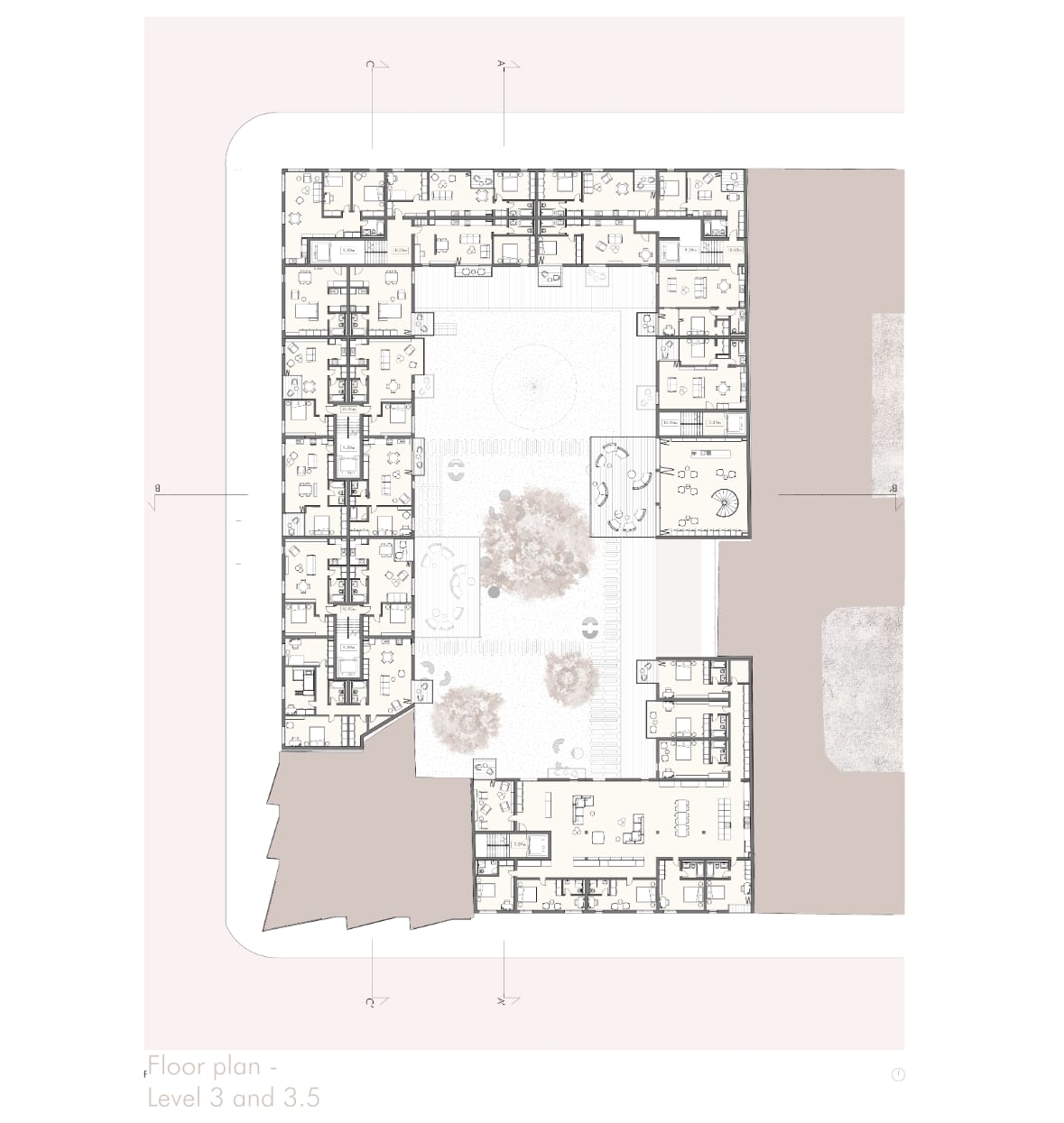 Grundriss, Ebenen 3 und 3,5.