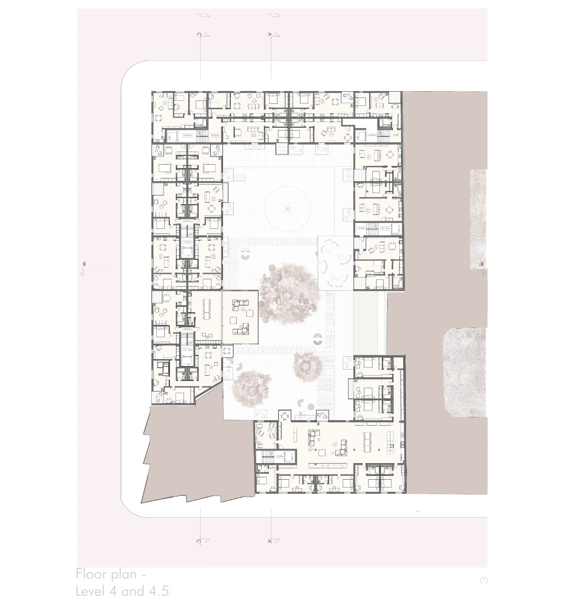 Grundriss, Ebenen 4 und 4,5.