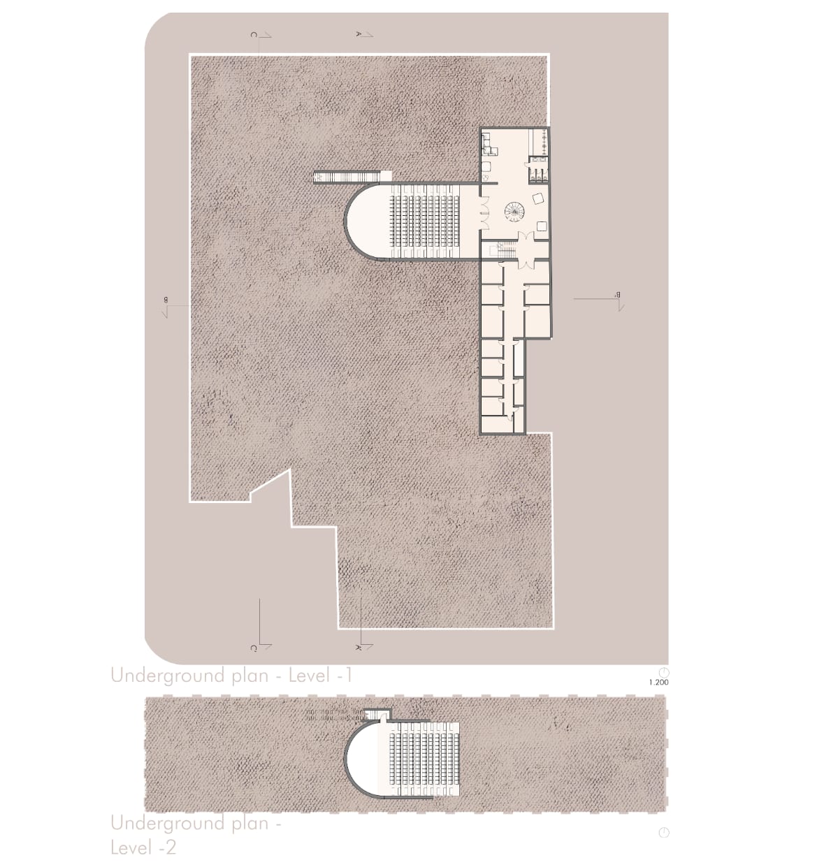 Untergeschossgrundrisse, Ebenen minus 1 und minus 2, mit der Mehrzweckhalle.
