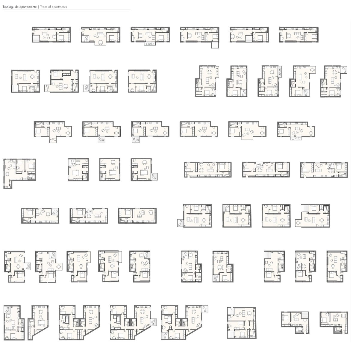 Eine Matrix der einzelnen Wohnungsgrundrisse, jeder Typ ausgezeichnet.