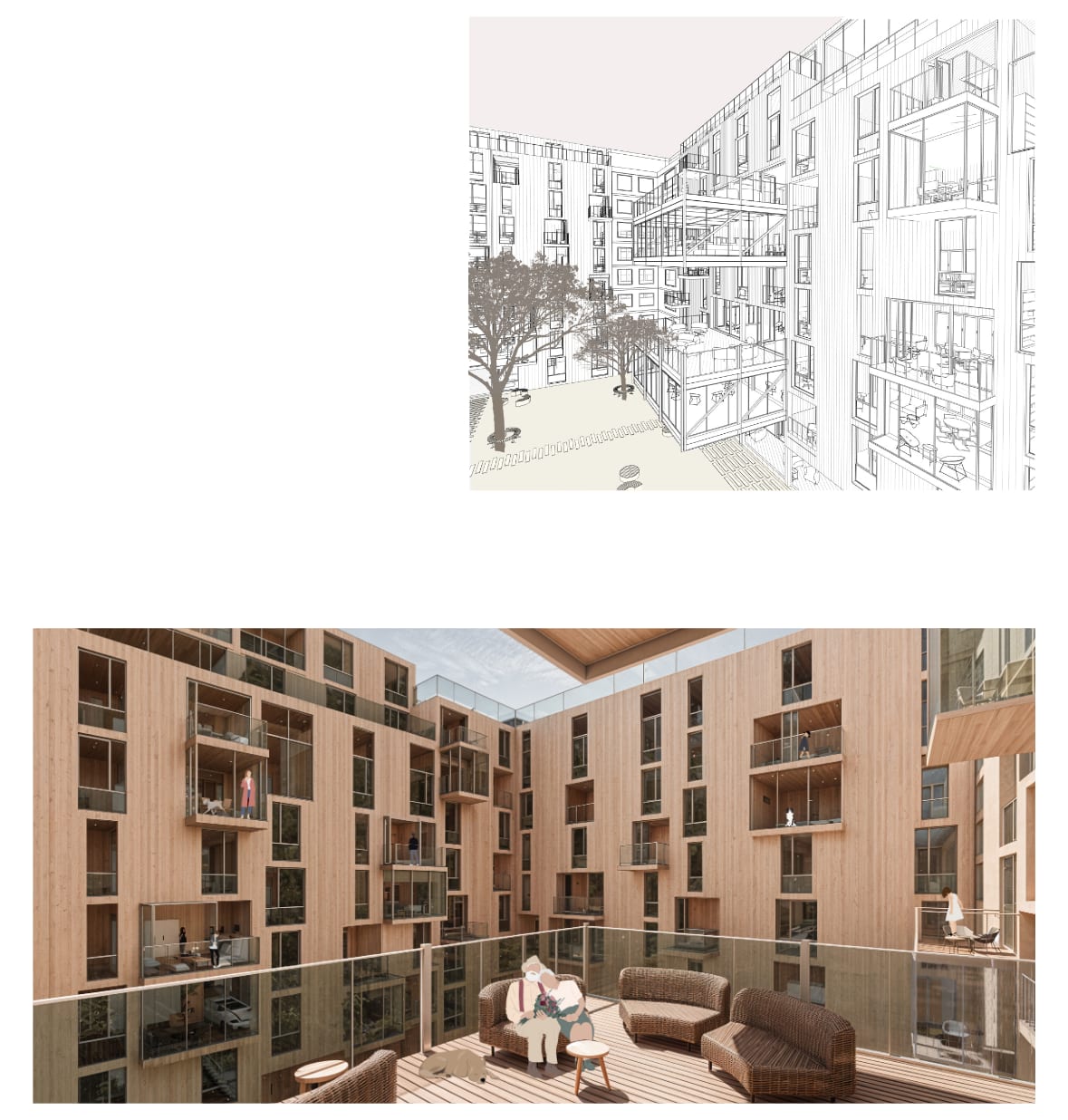 Strichzeichnung über einer Innenraumvisualisierung einer Wohnung mit Blick in den Hof.